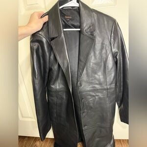 Quince 100% Leather Coat Black Long Jacket Women’s Button Front Large